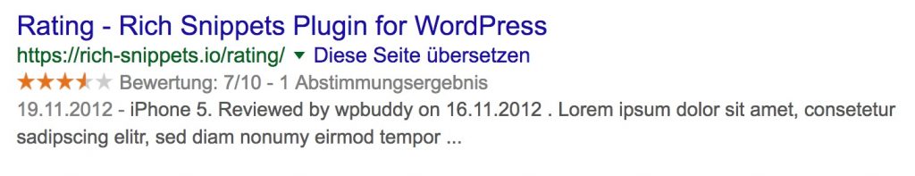 Suchtreffer bei Google mit Rich Snippet Sternebewertung