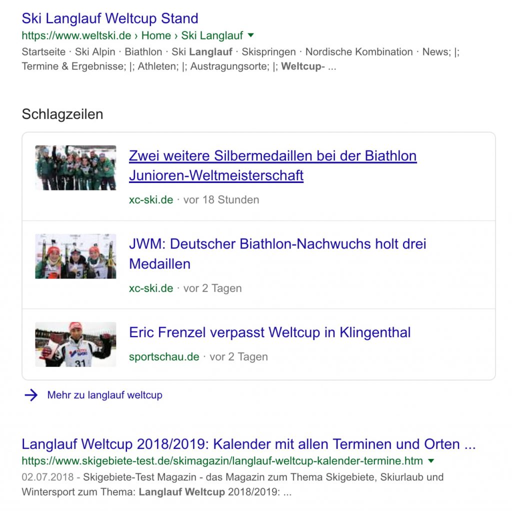 Beispielauszug aus der Google-Suchtrefferliste mit Schlagzeilen die durch Strukturierte Daten entstanden sind.