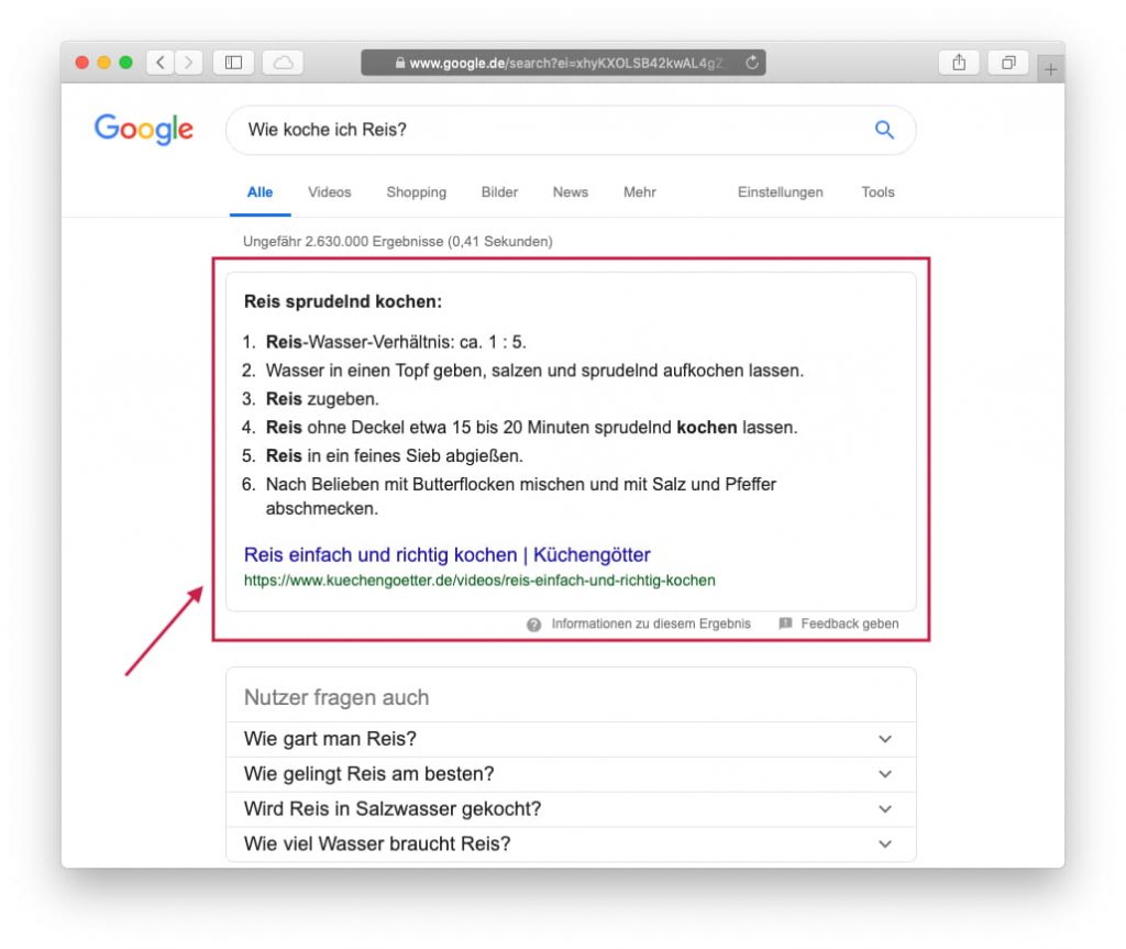 Suchtreffer bei Google zeigt ein Rich Snippets welches den größten Platz einnimmt.